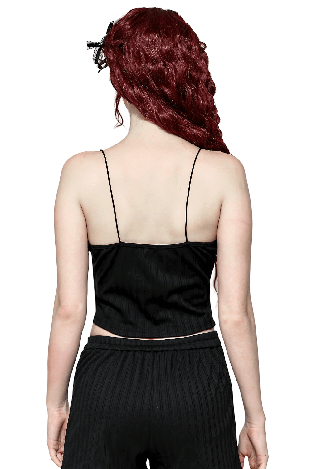 Back view of elegant black lace trimmed ribbed camisole top, showcasing adjustable straps and stylish design.