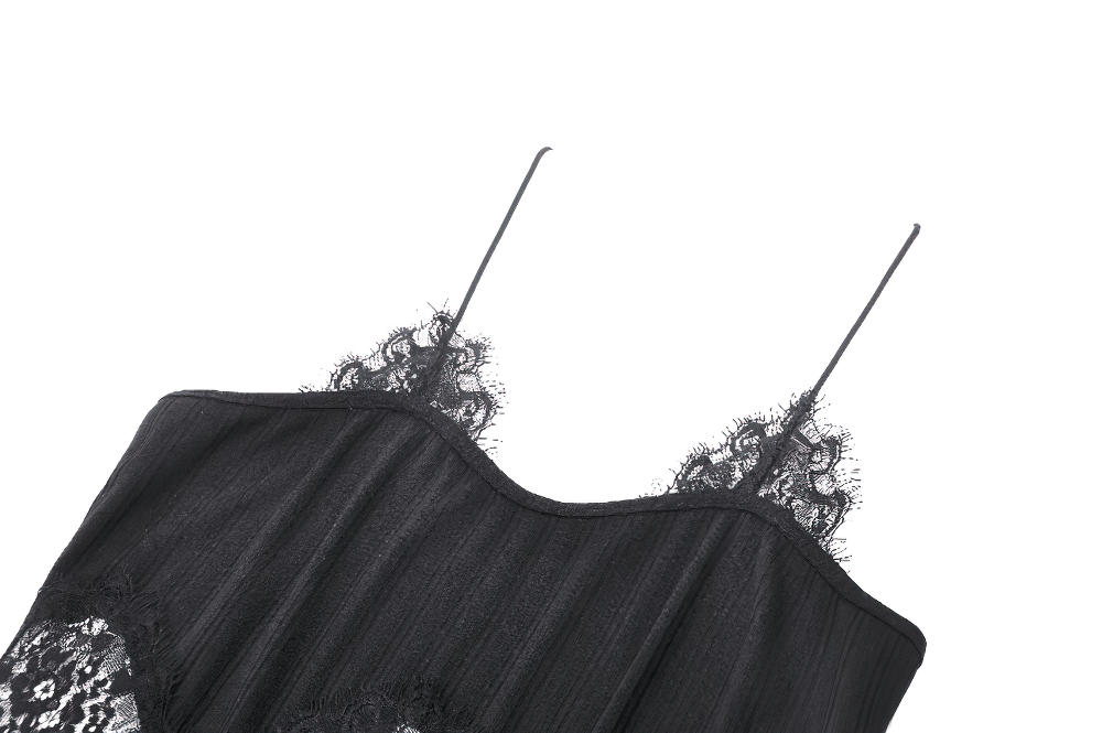 Elegant black lace trimmed ribbed camisole top with adjustable straps, perfect for gothic or punk fashion styles.