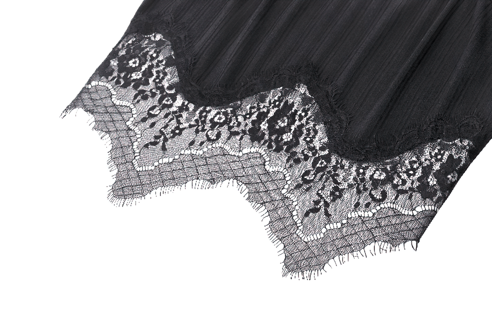 Close-up of elegant black lace trim on a ribbed camisole top, showcasing gothic and chic design details.