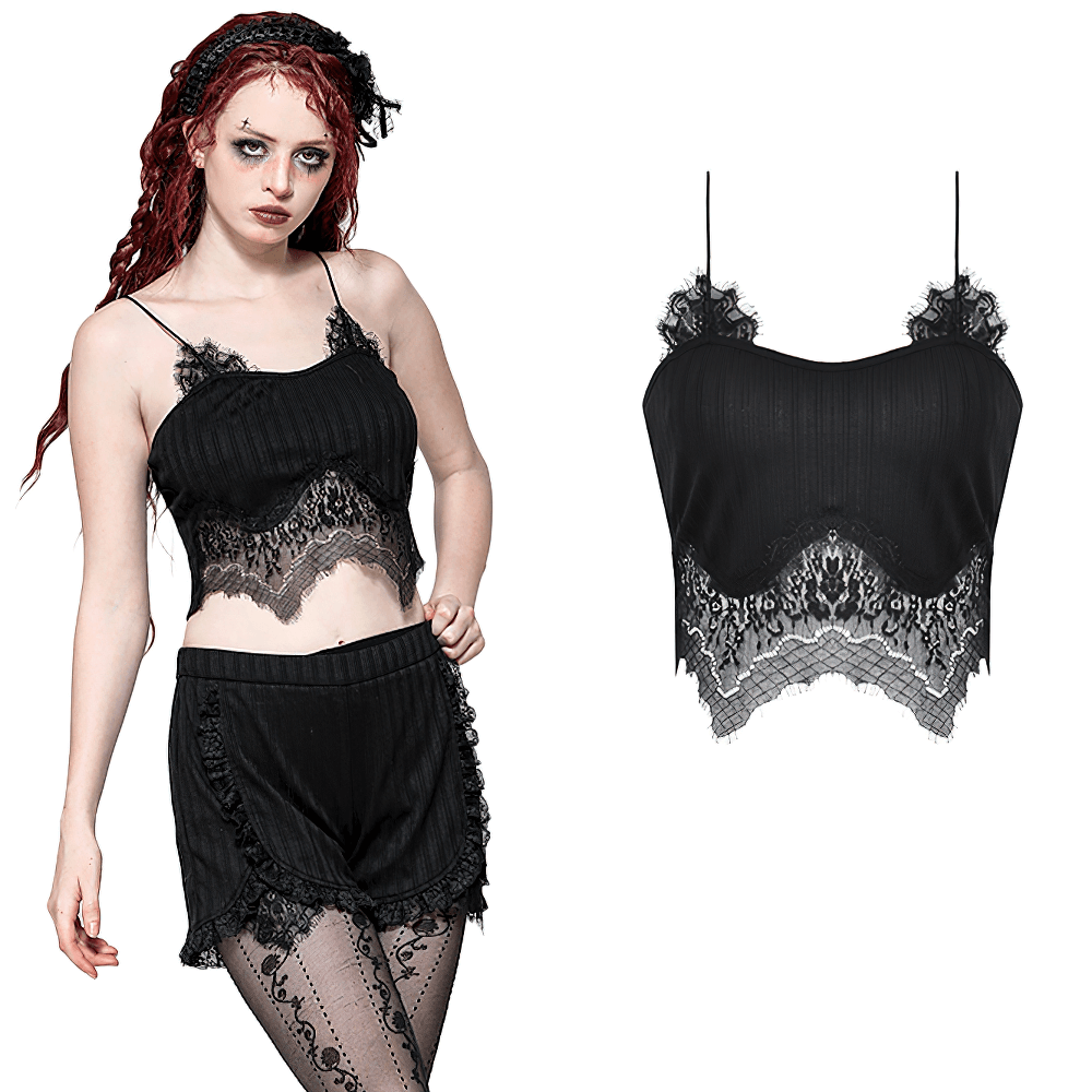 Chic black lace trimmed ribbed camisole top with adjustable straps for gothic and punk styles.