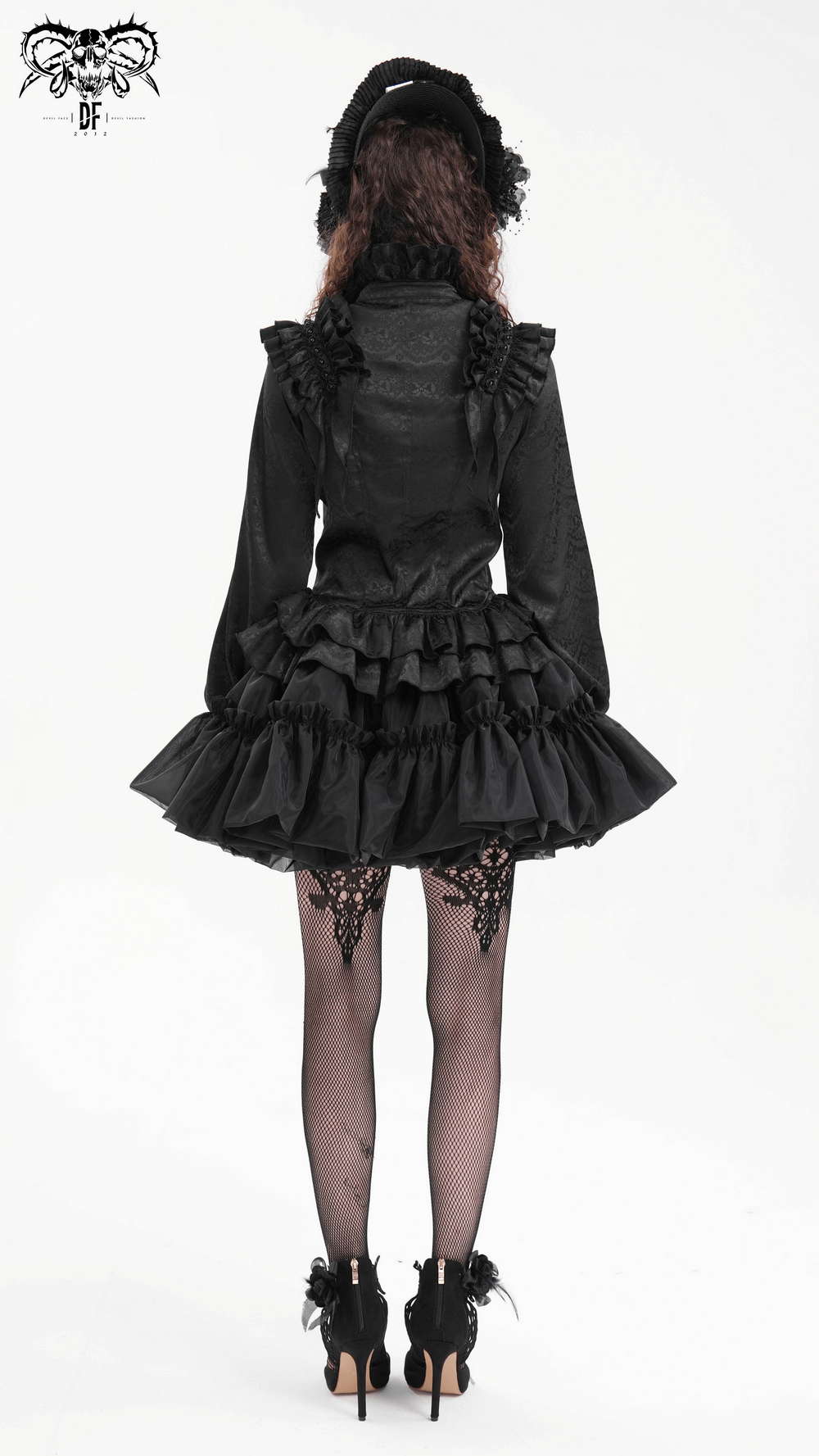 Elegant black Gothic dress with ruffles, lace stockings, and stylish footwear, perfect for themed events.