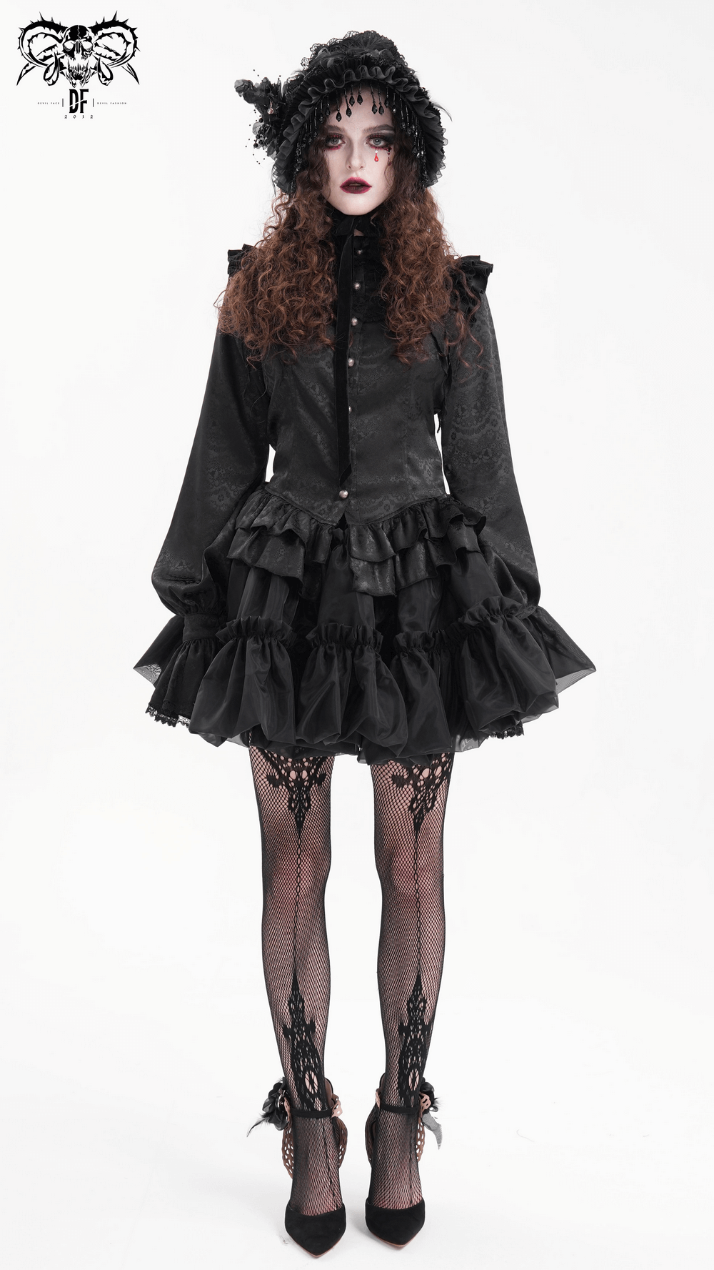 Elegant woman in a vintage black dress and lace bonnet, showcasing gothic style and sophistication.