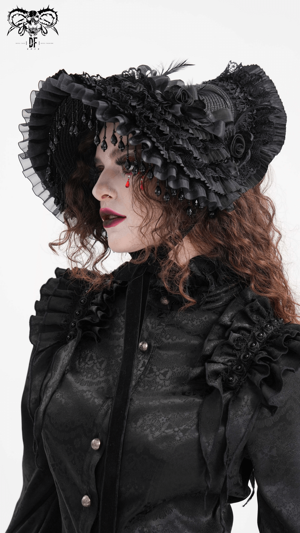 Elegant black lace Victorian bonnet with floral accents, perfect for vintage-themed events and historical reenactments.
