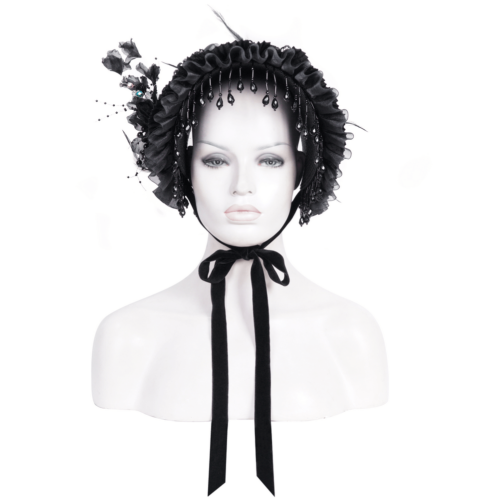 Elegant black lace Victorian bonnet with floral accents and ribbons for themed events.