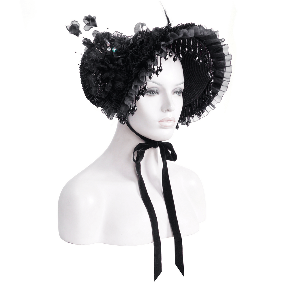 Elegant black lace Victorian bonnet with floral accents and flowing ribbons, perfect for themed events.