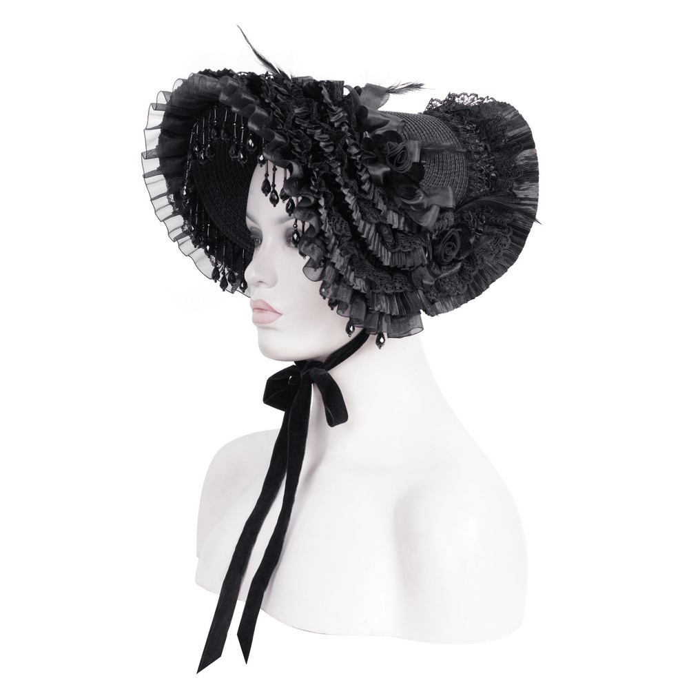 Elegant Black Lace Victorian Bonnet for Events