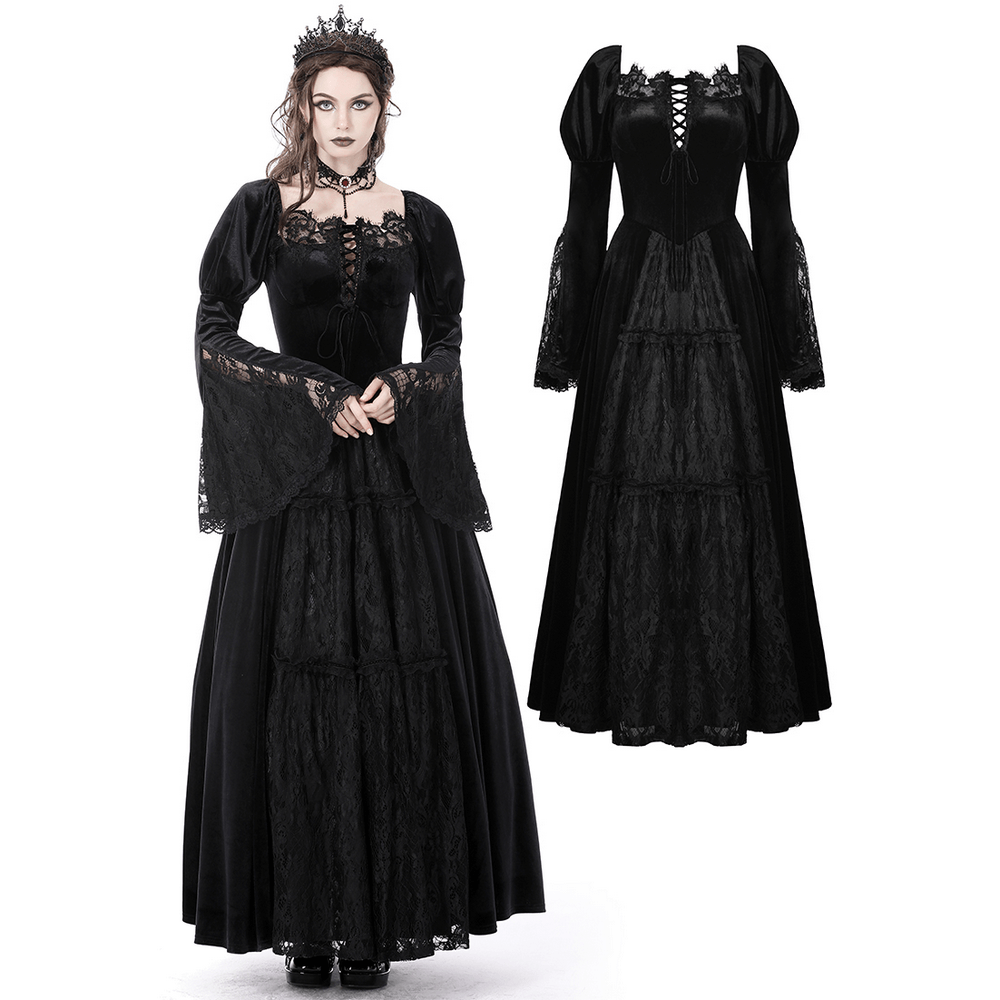 Elegant black lace Victorian gown showcasing intricate embroidery and flared sleeves, perfect for gothic evening events.