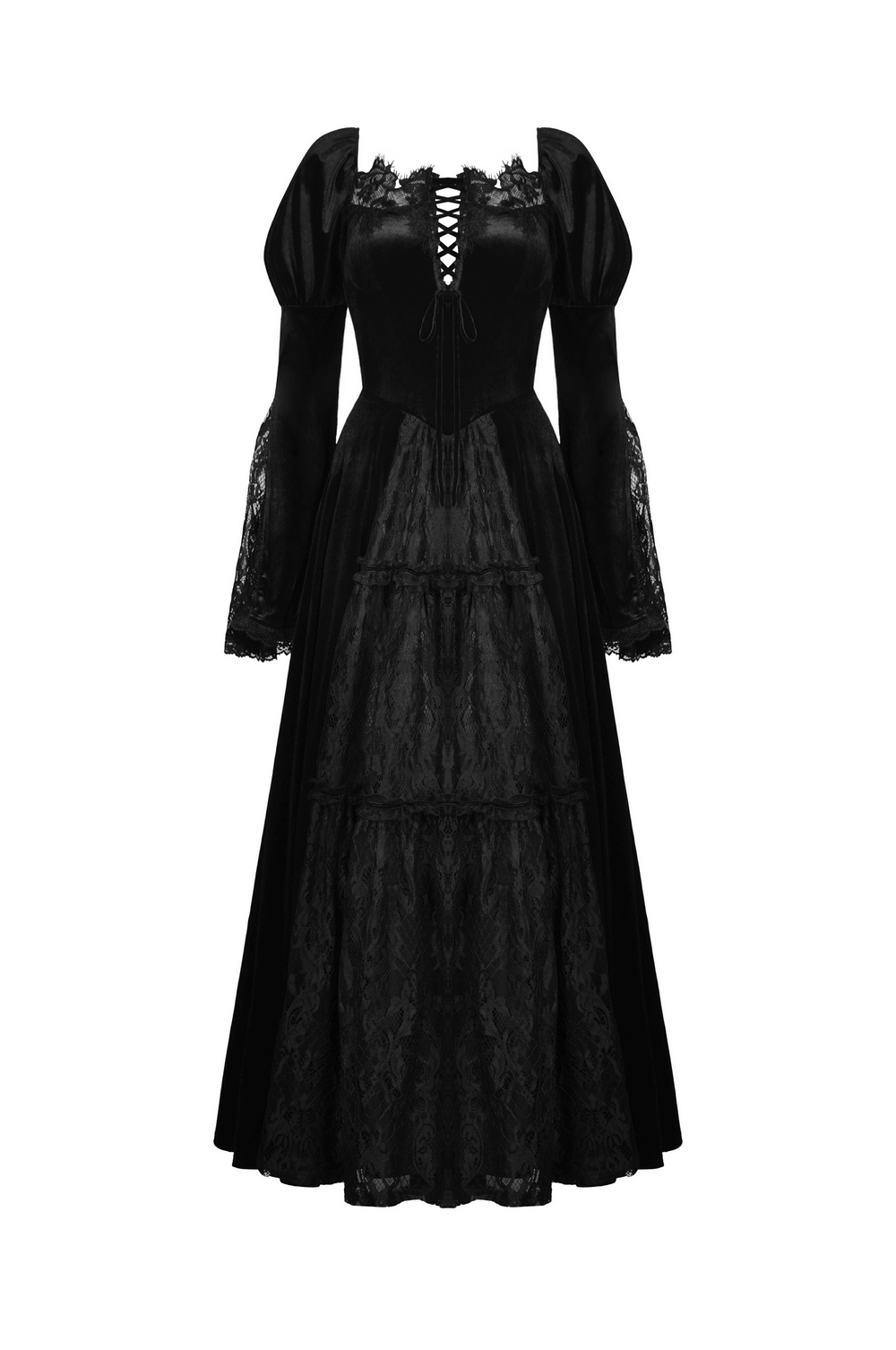 Elegant black lace Victorian gown with flared sleeves and intricate embroidery for evening events.