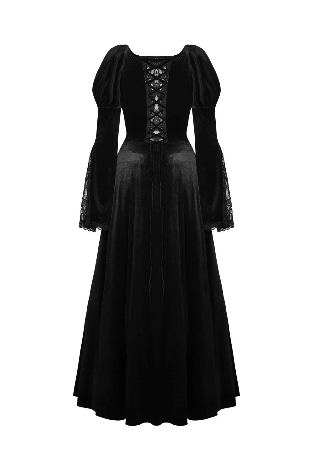 Elegant black lace Victorian gown with flared sleeves and intricate embroidery for evening events.