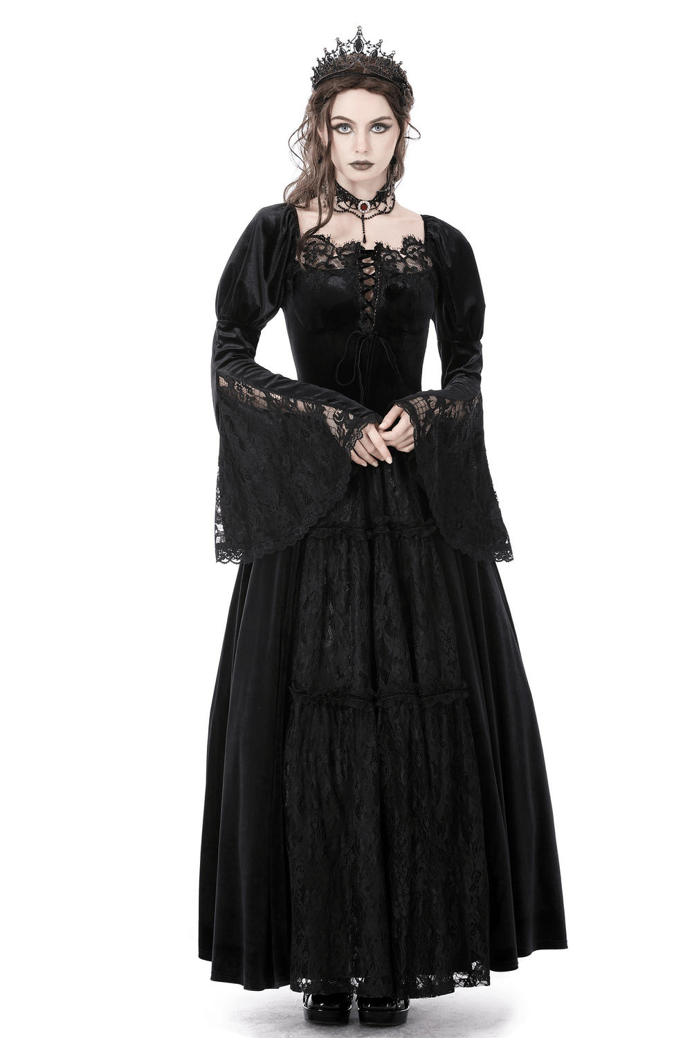 Elegant black lace Victorian gown with flared sleeves and detailed embroidery, perfect for evening events.