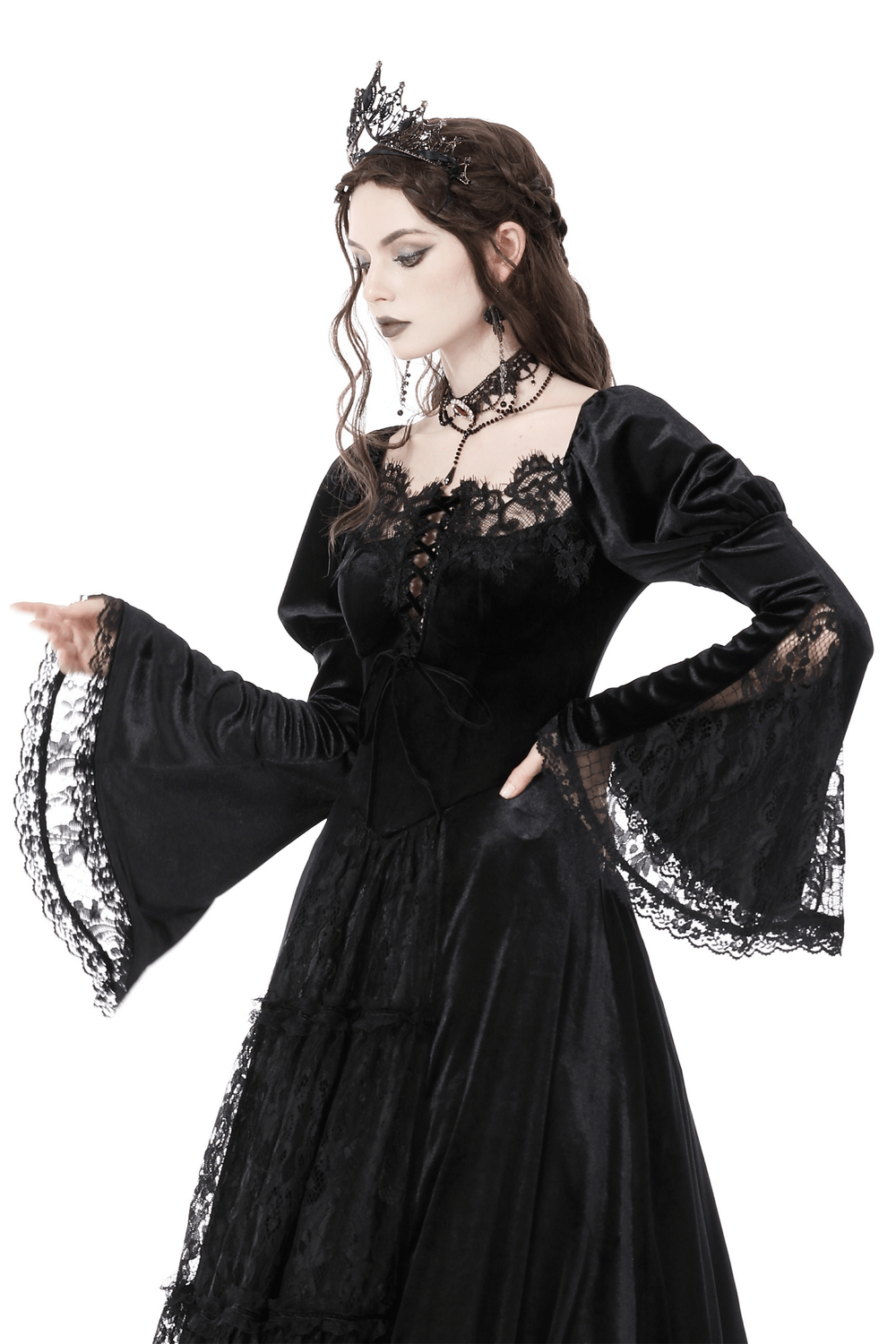 Elegant black lace Victorian gown with flared sleeves and intricate embroidery, perfect for gothic evening events.