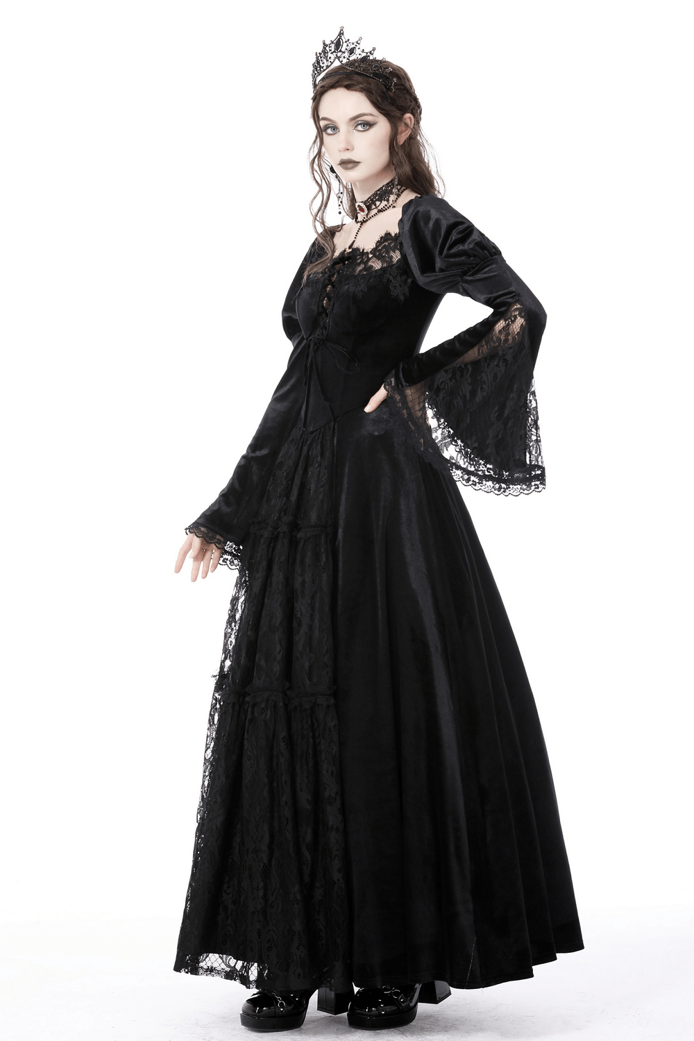 Elegant black lace Victorian gown with flared sleeves and intricate embroidery, perfect for gothic evening events.