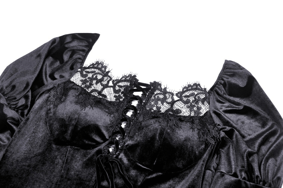 Elegant black lace Victorian gown with intricate embroidery and in beautiful gothic style.