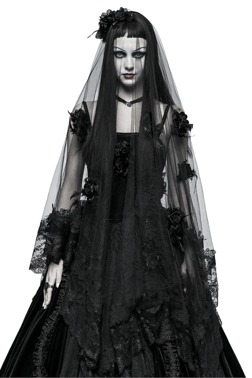 Elegante velo de novia de encaje negro con rosas en 3D