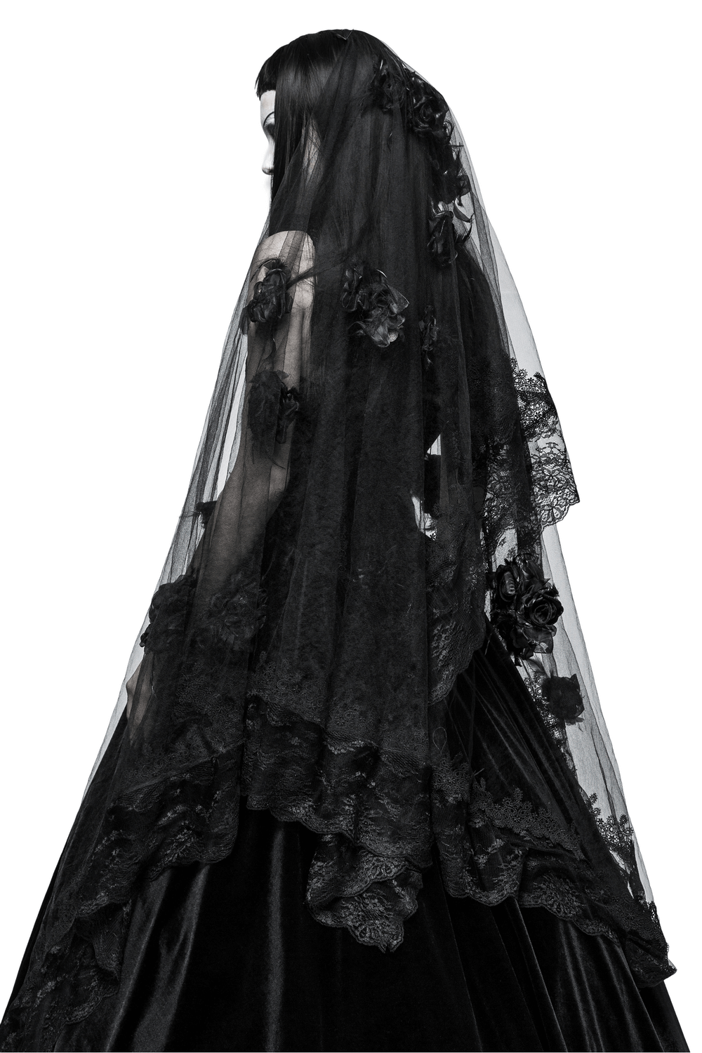 Elegant black lace wedding veil with 3D roses cascading, adding gothic glamour to bridal looks.