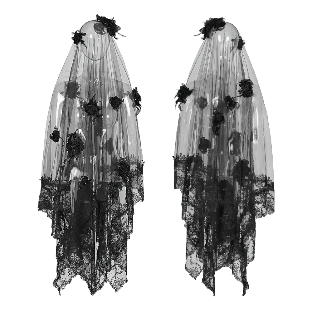 Elegant Black Lace Wedding Veil with 3D Roses