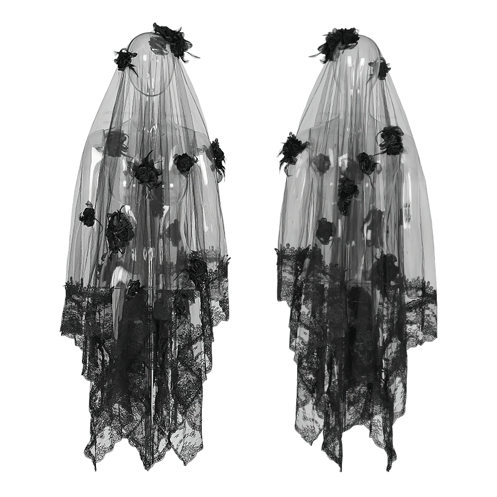 Elegant black lace wedding veil with 3D roses, adding gothic glamour to bridal looks.