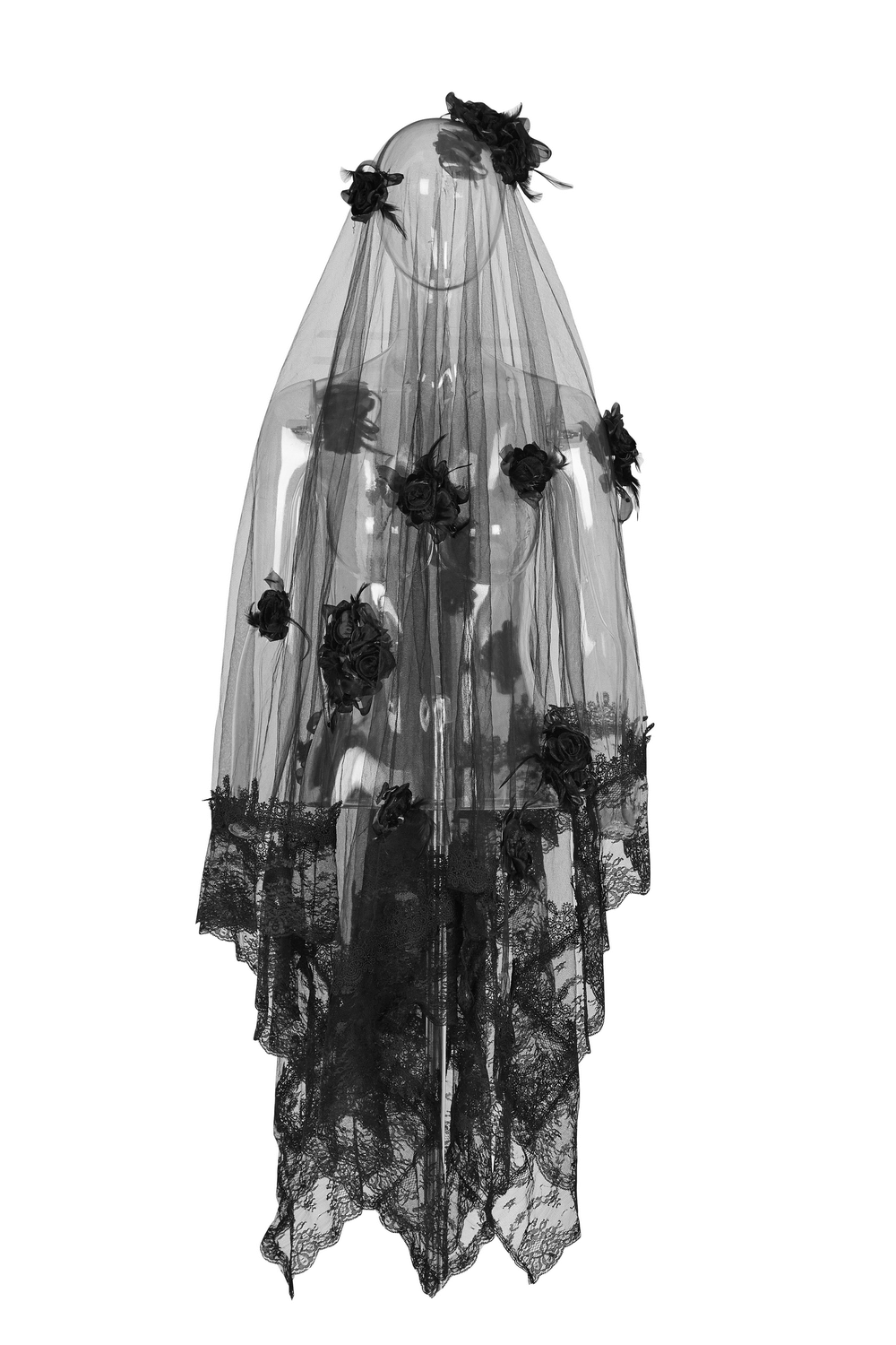 Elegant black lace wedding veil with 3D roses, adding gothic glamour to bridal style.