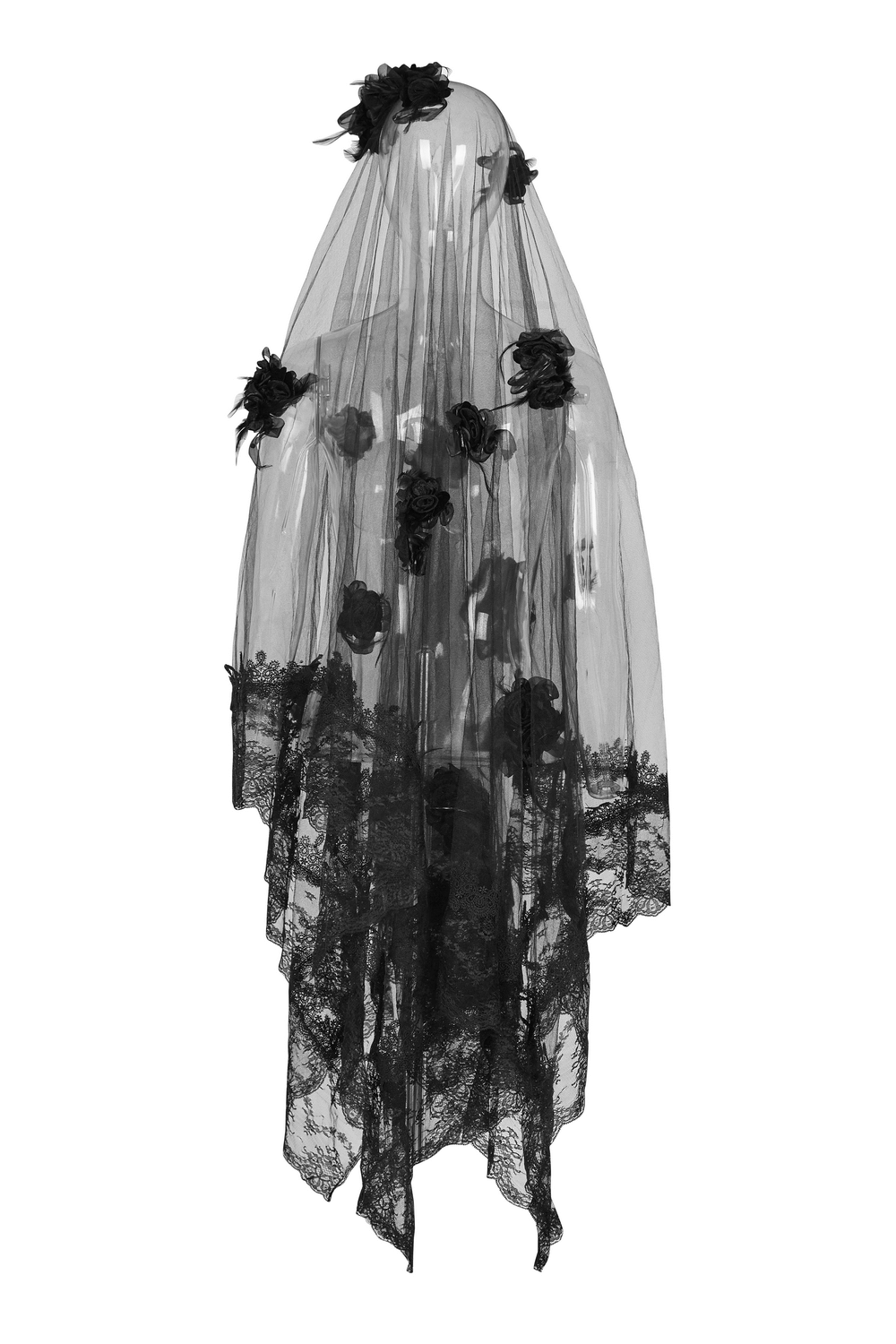 Elegant black lace wedding veil with cascading 3D roses for a dramatic bridal look.