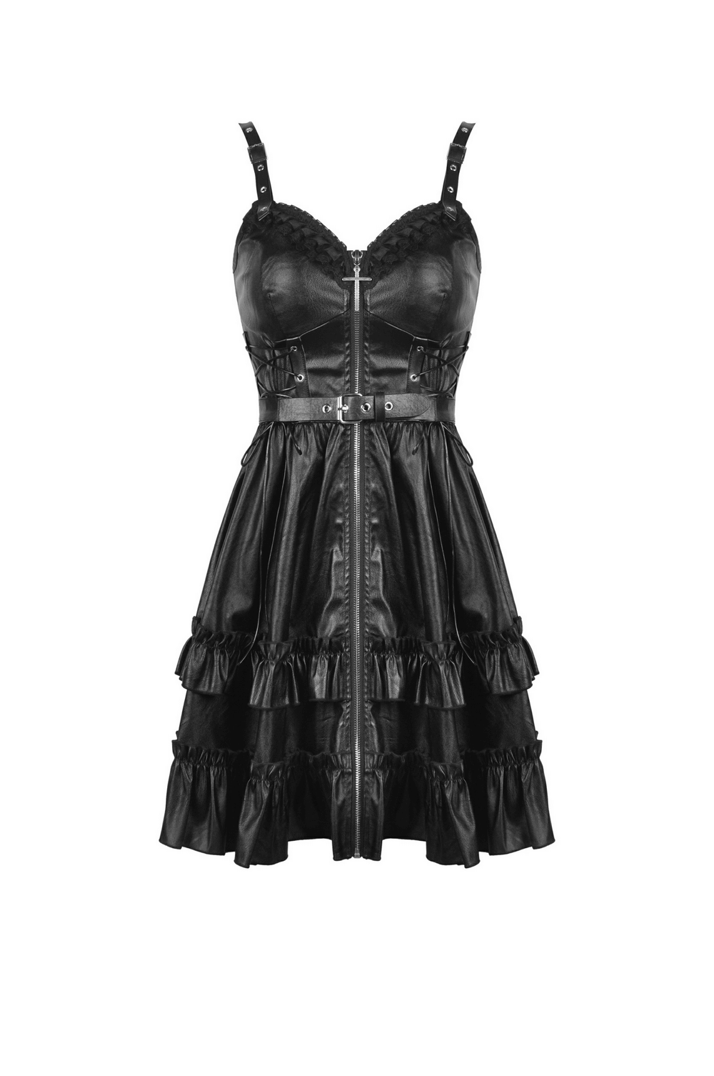 Elegant black leather dress with ruffled layers and adjustable straps, perfect for evening events.