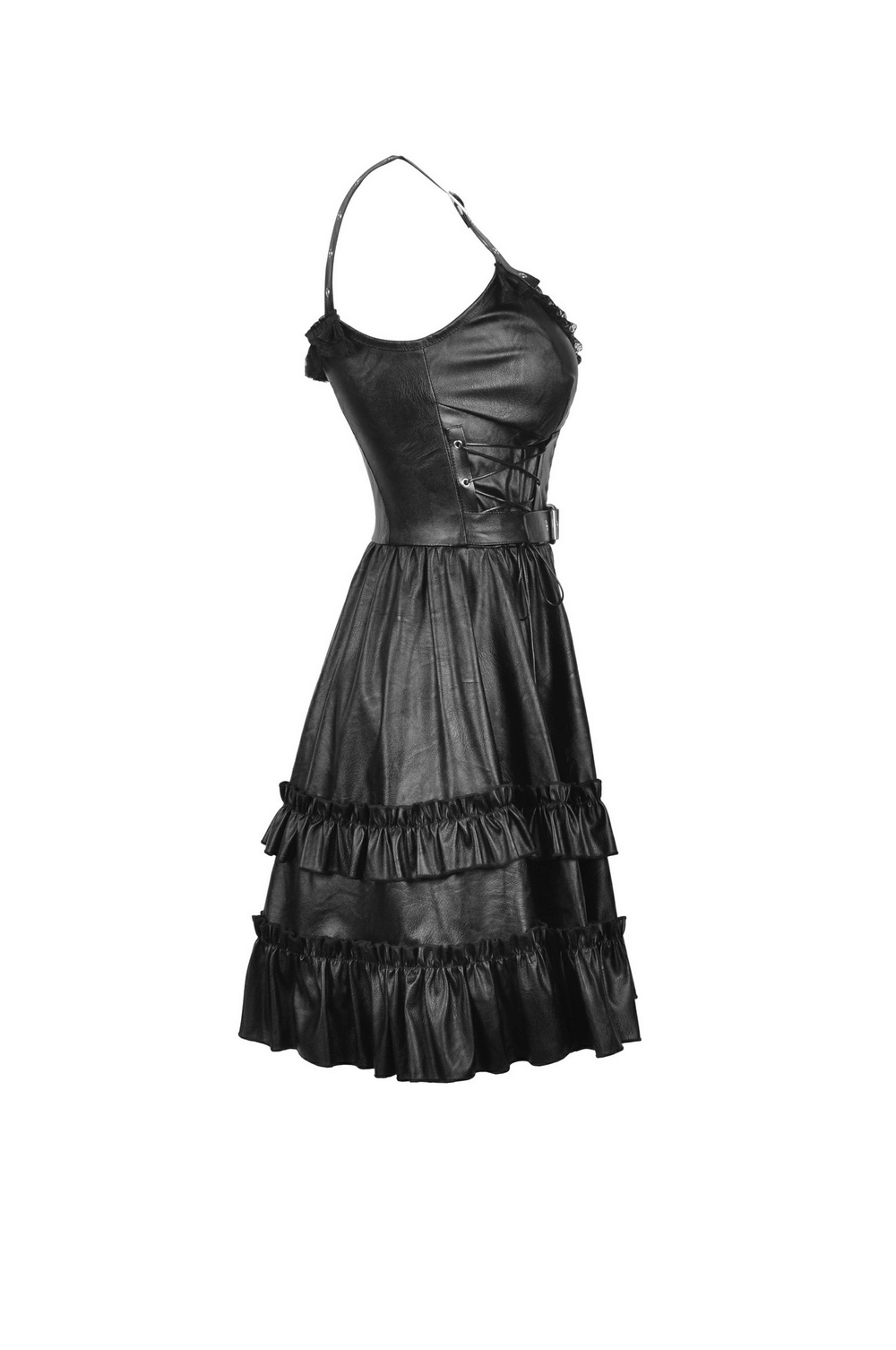 Elegant black leather dress with ruffled layers and adjustable belt, perfect for bold evening statements.