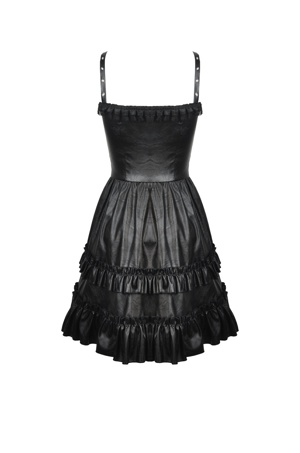Elegant Black Leather Dress with Ruffled Layers and Belt