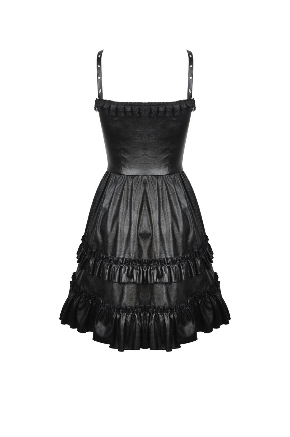 Elegant black leather dress with ruffled layers and adjustable straps, perfect for stylish evening events.