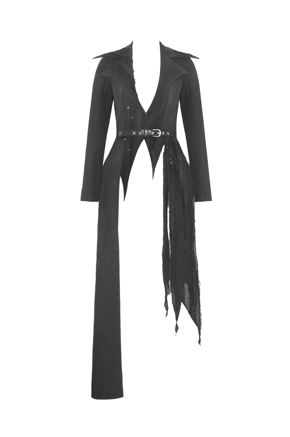 Elegant black long coat with stylish belt detail and asymmetrical hem for a chic, modern look.