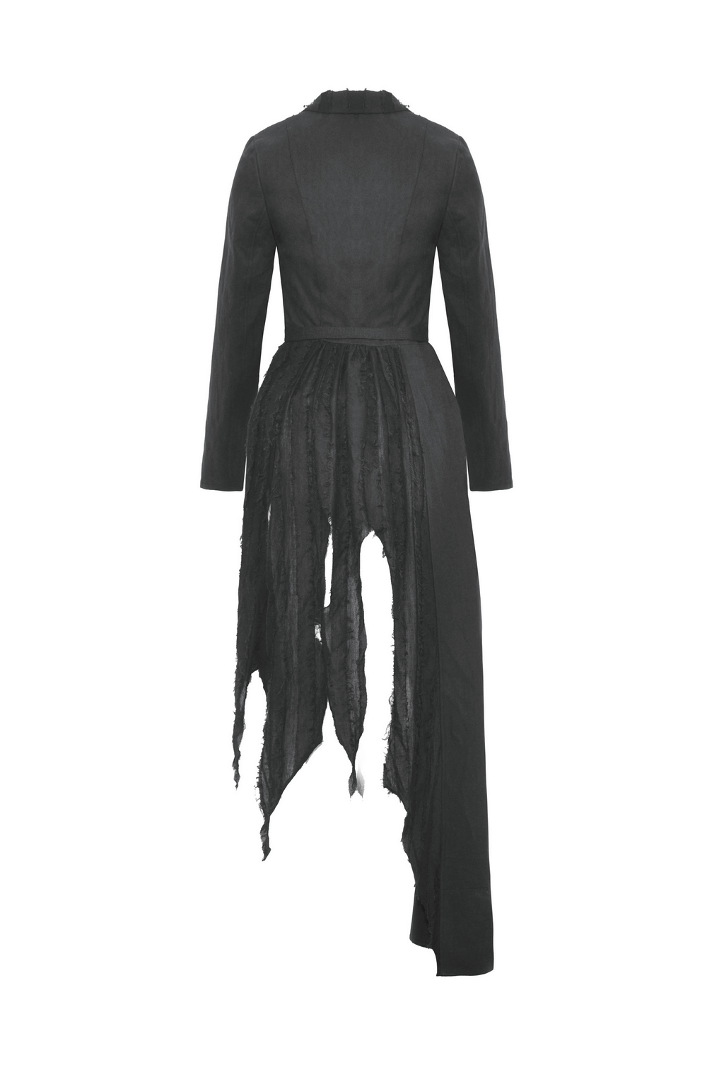 Back view of an elegant black long coat with stylish belt detail and asymmetrical hem.