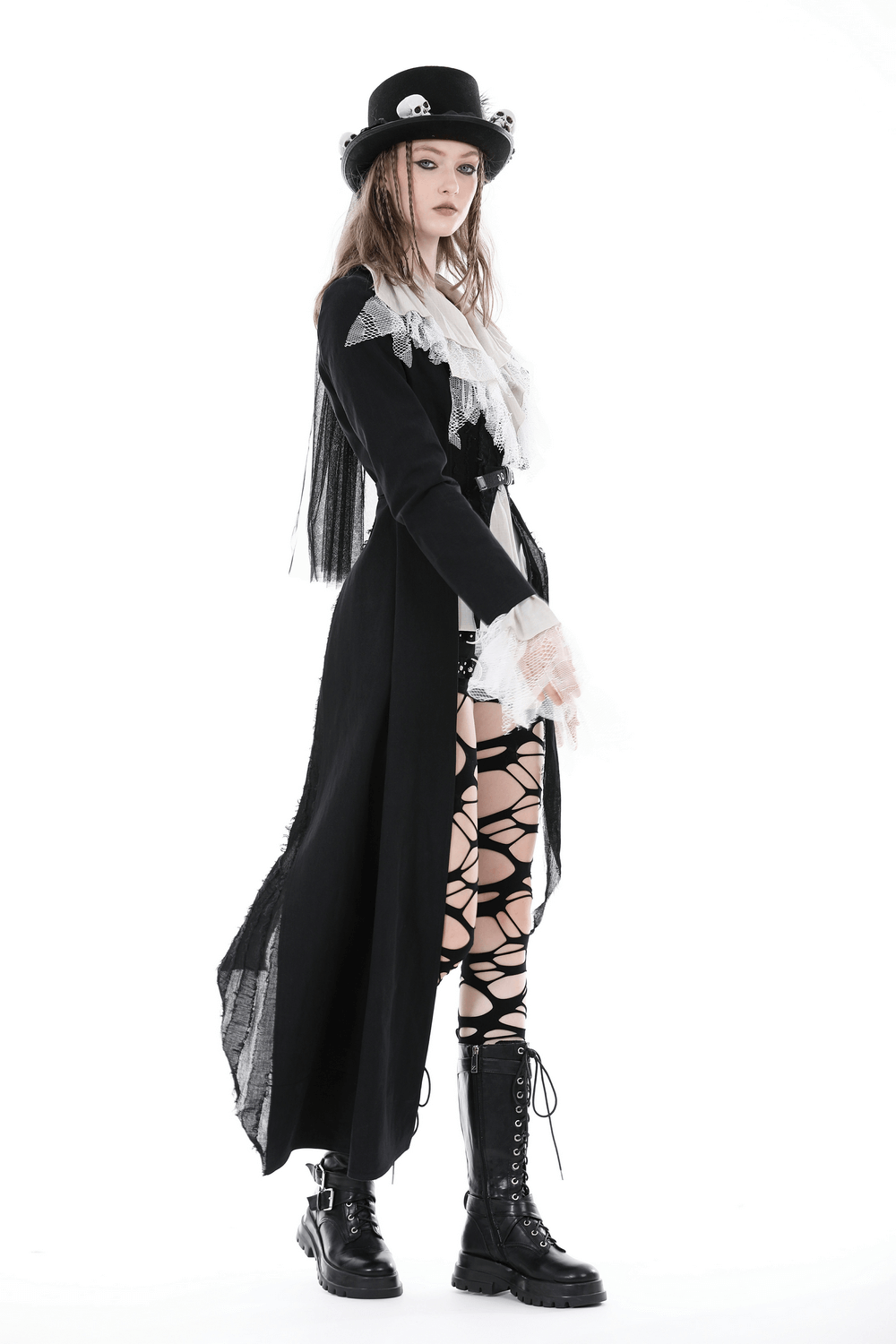 Model showcasing an elegant black long coat with lace details and stylish belt, paired with edgy accessories.