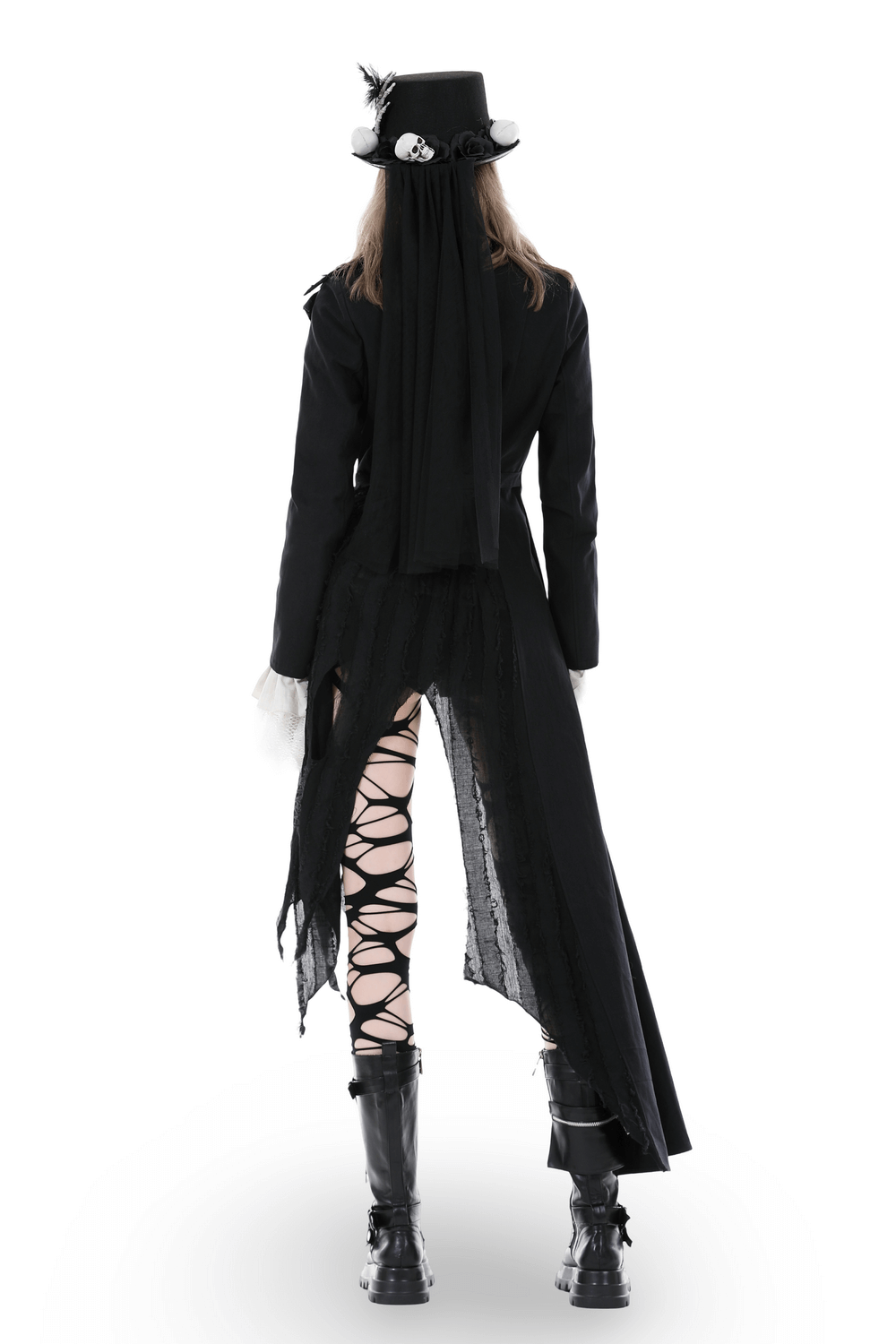 Back view of a model in an elegant black long coat with stylish belt detail and gothic-inspired accessories.