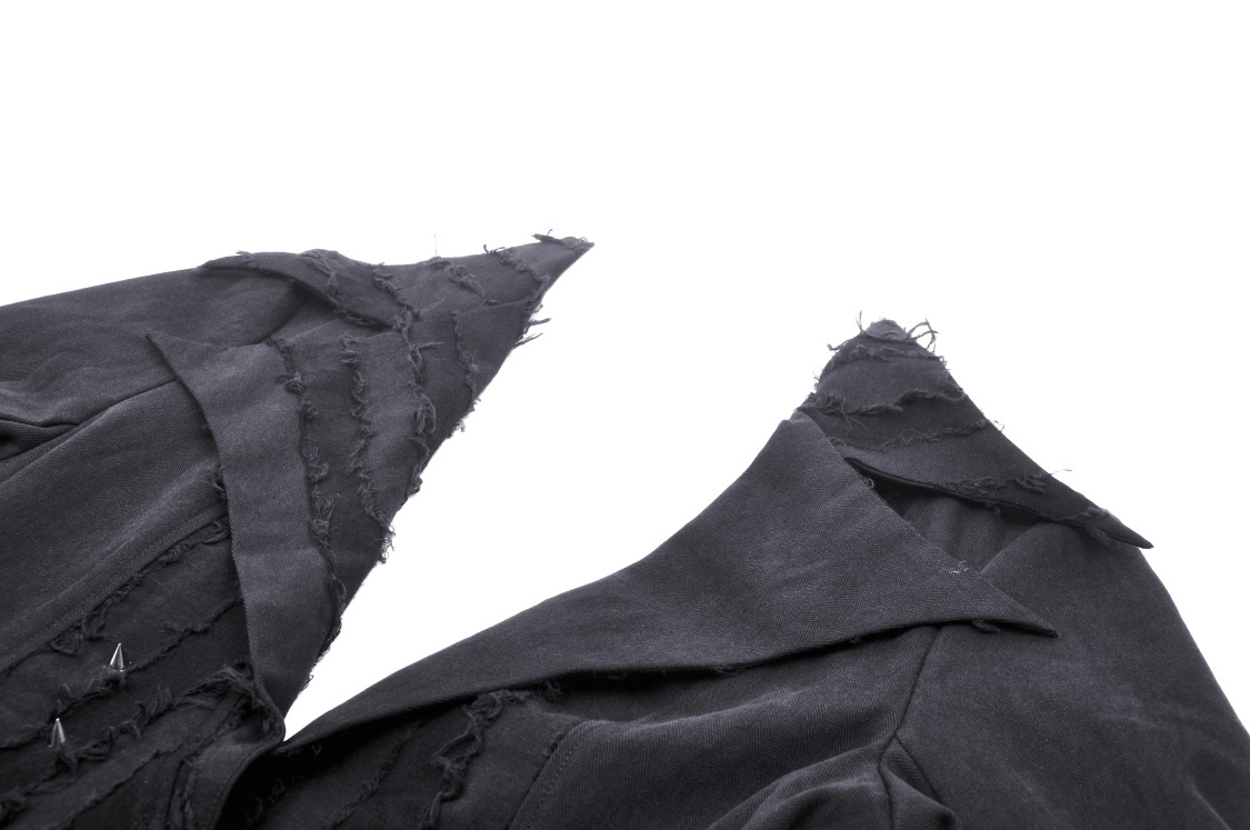 Elegant black long coat with unique asymmetrical collar and edgy frayed details, perfect for a stylish look.