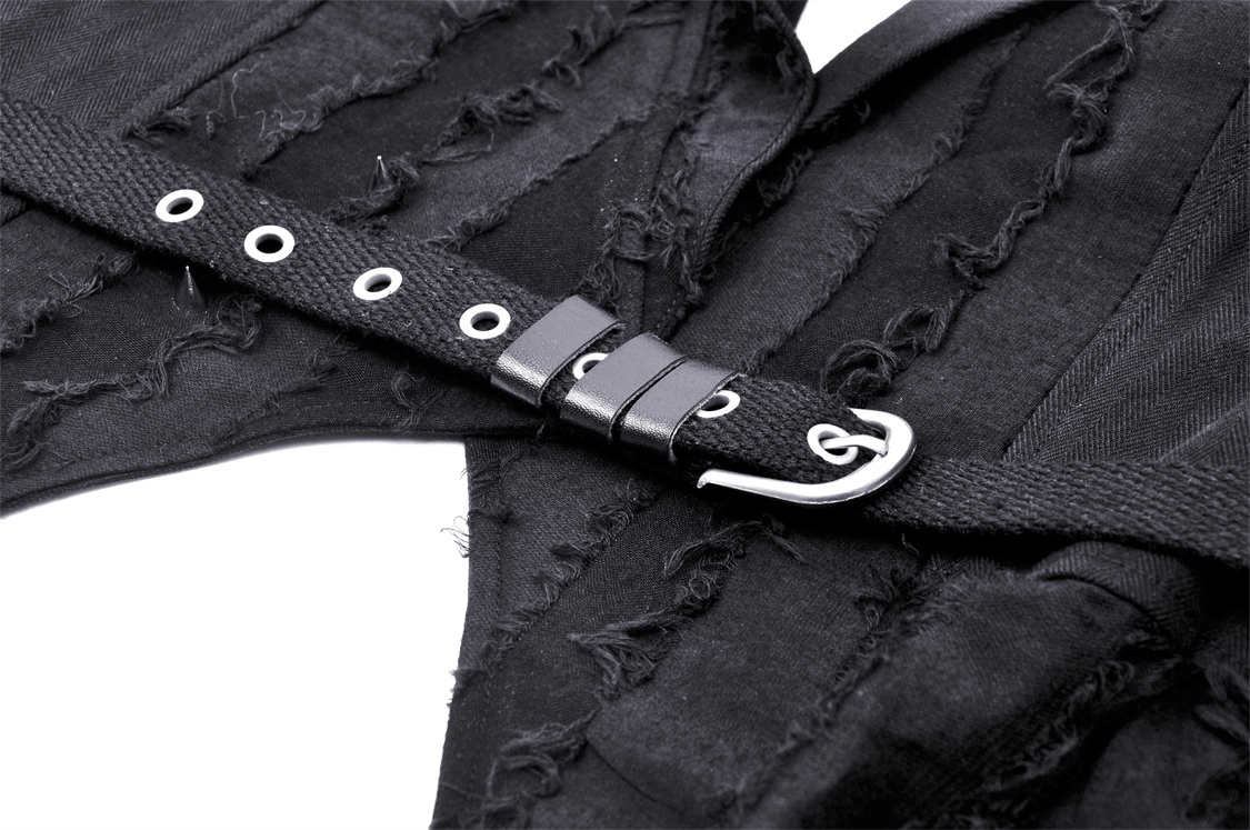 Close-up of stylish black fabric with unique belt detail and edgy frayed edges, showcasing modern fashion design.