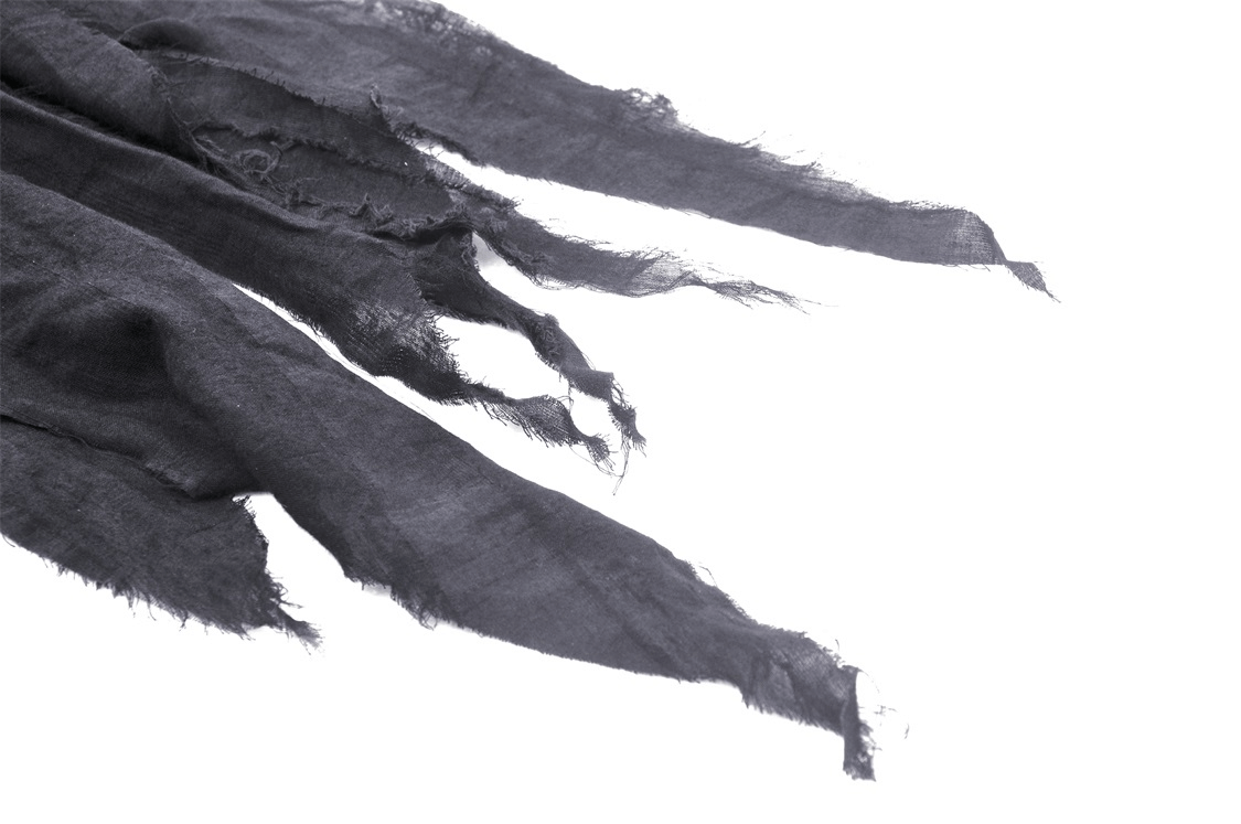 Elegant black fabric with frayed edges, perfect for adding a stylish touch to your fashion collection.