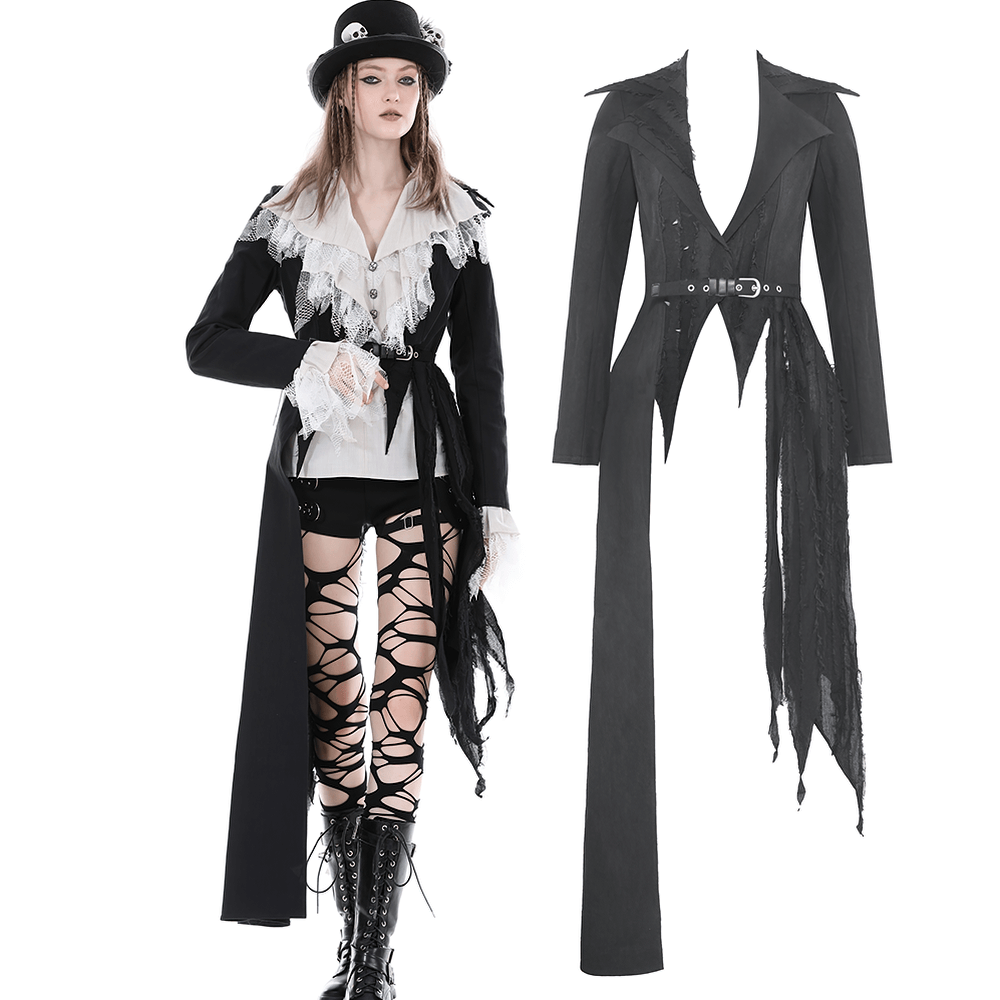 Stylish black long coat with asymmetrical hem and belt detail, complemented by edgy outfits and accessories.