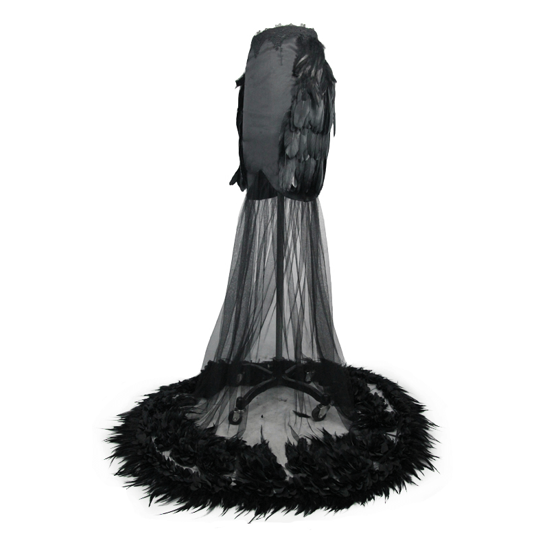 Elegant black long skirt with frilled hem and mesh overlay, showcasing a gothic style perfect for any unique wardrobe.