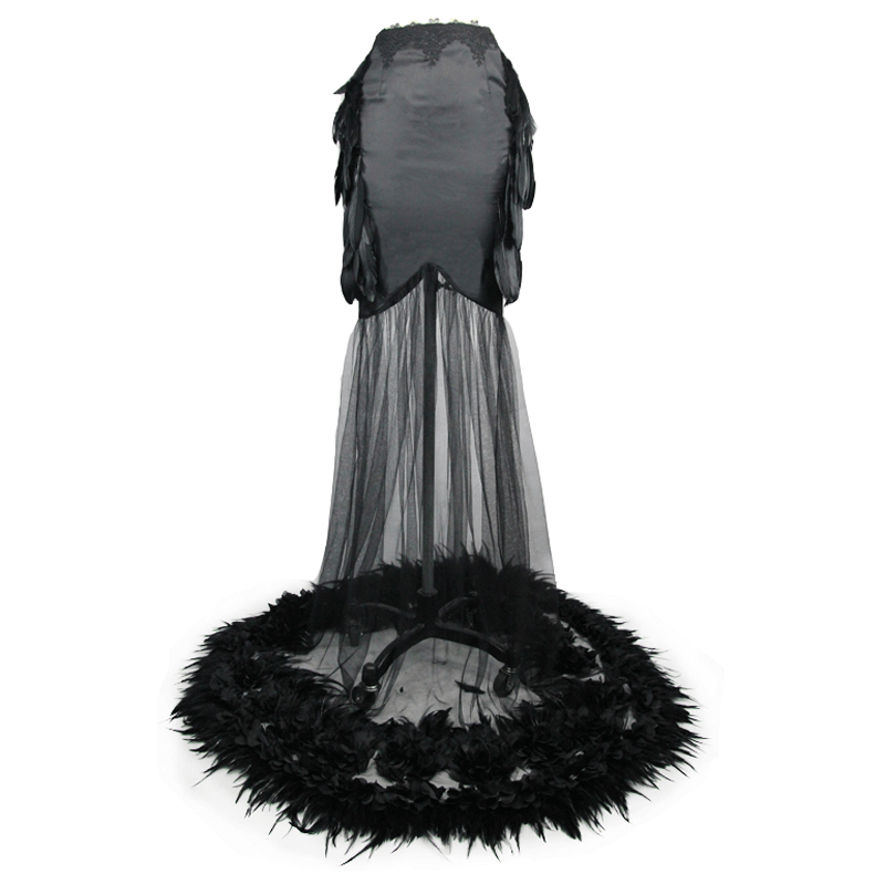 Elegant black long skirt with flared mesh and feather trim, perfect for gothic style outfits.