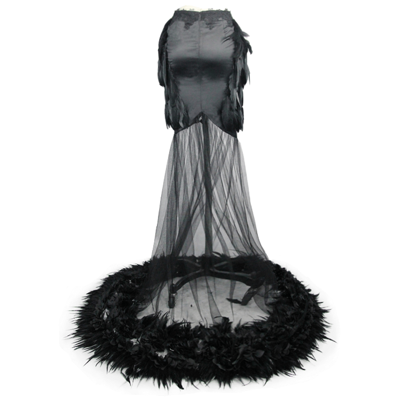 Elegant black long skirt with flared mesh and feathered hem, perfect for gothic style fashion statements.
