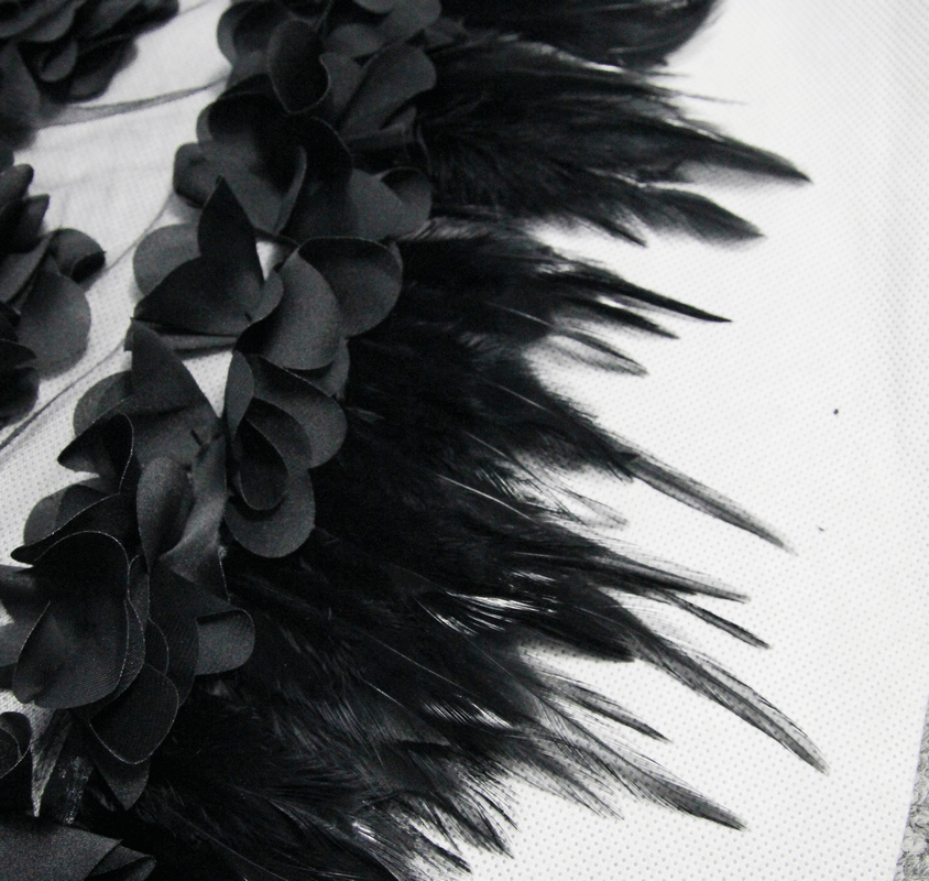 Elegant black floral and feather trim perfect for gothic fashion accessories.