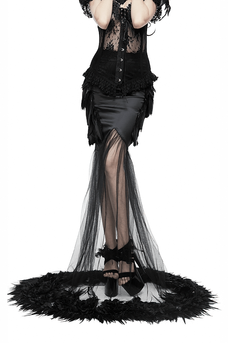 Elegant black long skirt with flared mesh, gothic style, featuring a back zipper and feather detailing.