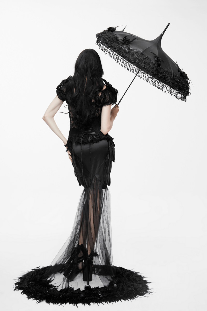 Gothic style model in an elegant black skirt and parasol, showcasing a unique transparent flared design.