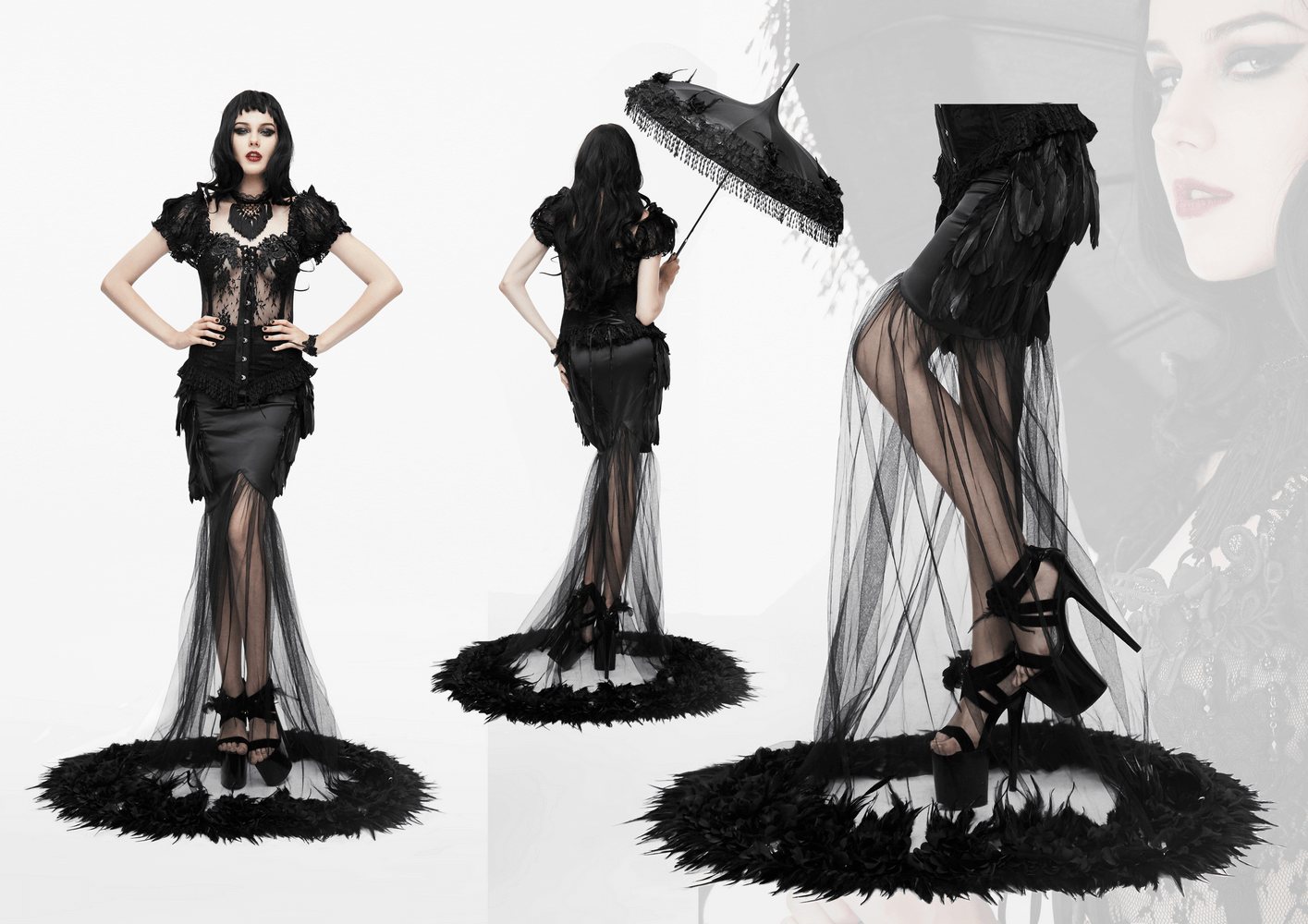 Gothic style women's black long skirt with flared transparent mesh and elegant design, perfect for a stylish wardrobe.