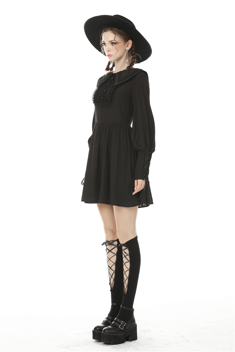 Elegant Black Long Sleeves Dress With Lace Detail