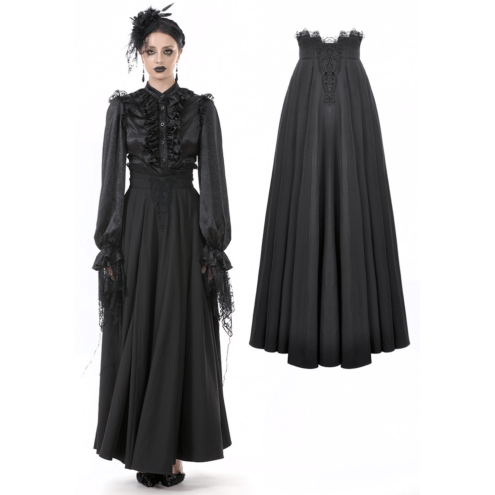 Elegant Black Maxi Skirt with Lace Back and Bow Detail displayed on a model, perfect for gothic fashion.