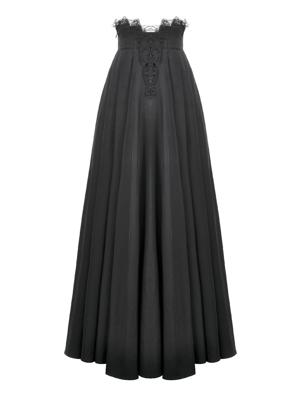 Elegant Black Maxi Skirt with Lace Back and Bow Detail showcasing its flowing design and intricate lace.