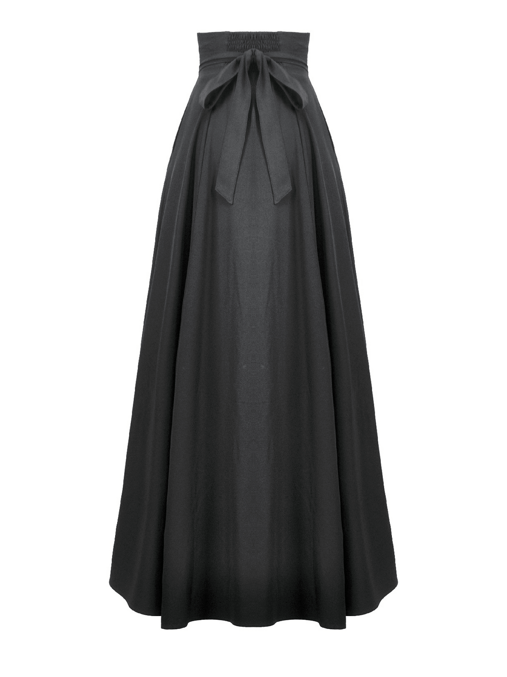 Elegant Black Maxi Skirt with Lace Back and Bow Detail on a mannequin, showcasing its chic design and elegance.