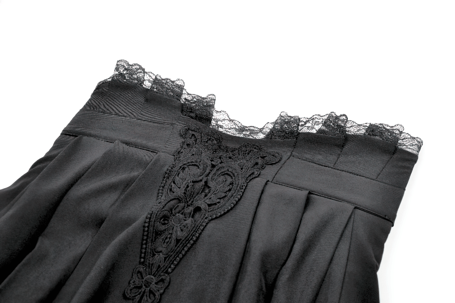 Elegant Black Maxi Skirt with Lace Back and Bow Detail showcasing intricate lace and pleats.