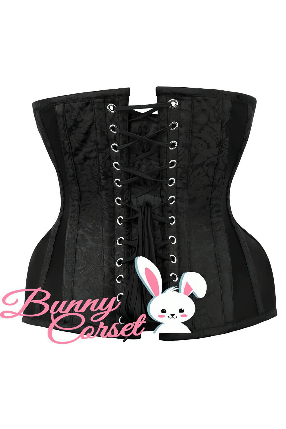 Elegant black mesh and brocade underbust corset with lace-up back and Gothic design.