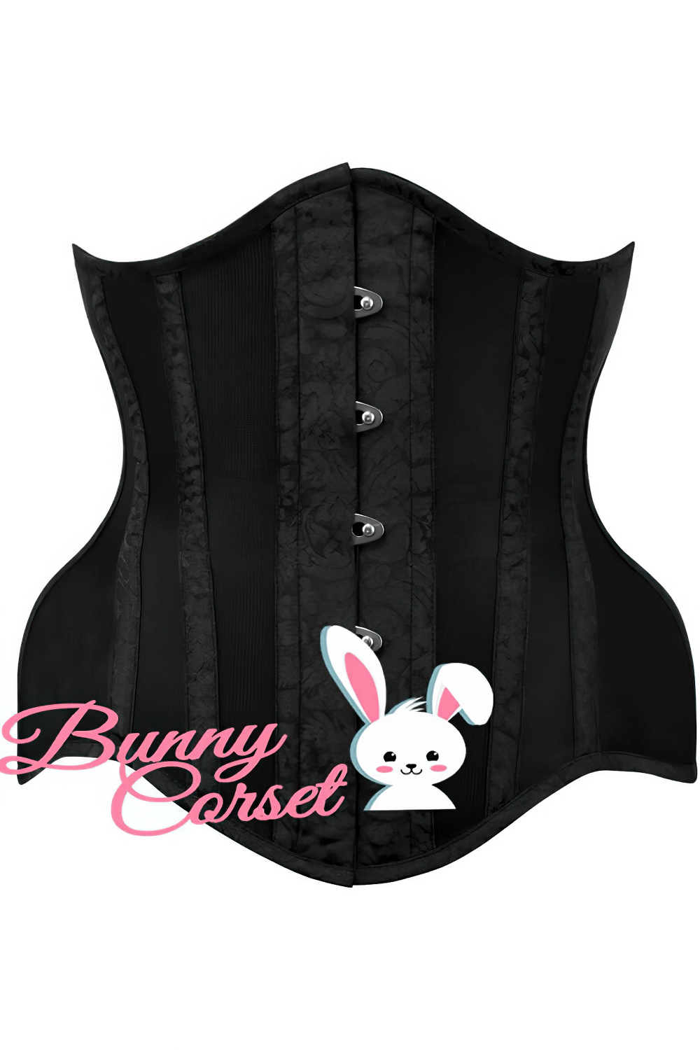 Elegant black mesh and brocade underbust corset showcasing metal busk and chic Zaylee pattern.