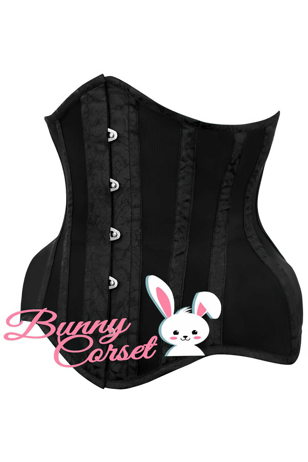 Elegant black mesh and brocade underbust corset with metal busk and lace-up back for waist training.